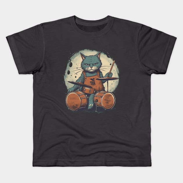 Vintage Rockin' Drummer Cat Kids T-Shirt by hazeljane